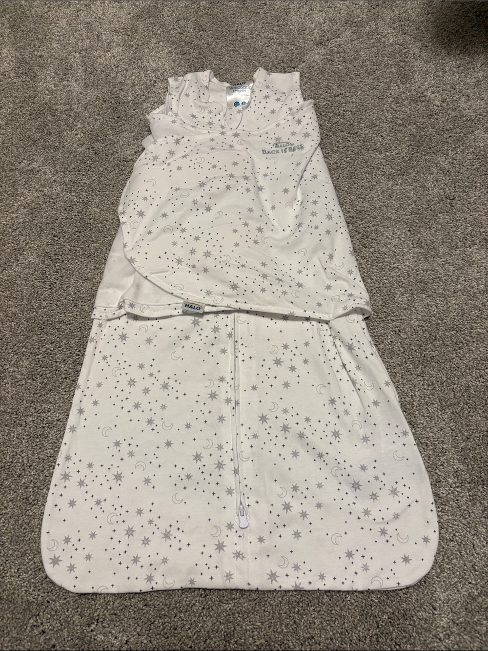 HALO White Sleep Sack swaddle with Gray Star & Moon Print 3-6 months
